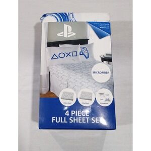 PlayStation Full Size 4 Piece Microfiber Sheet Set White Blue Controller Pattern